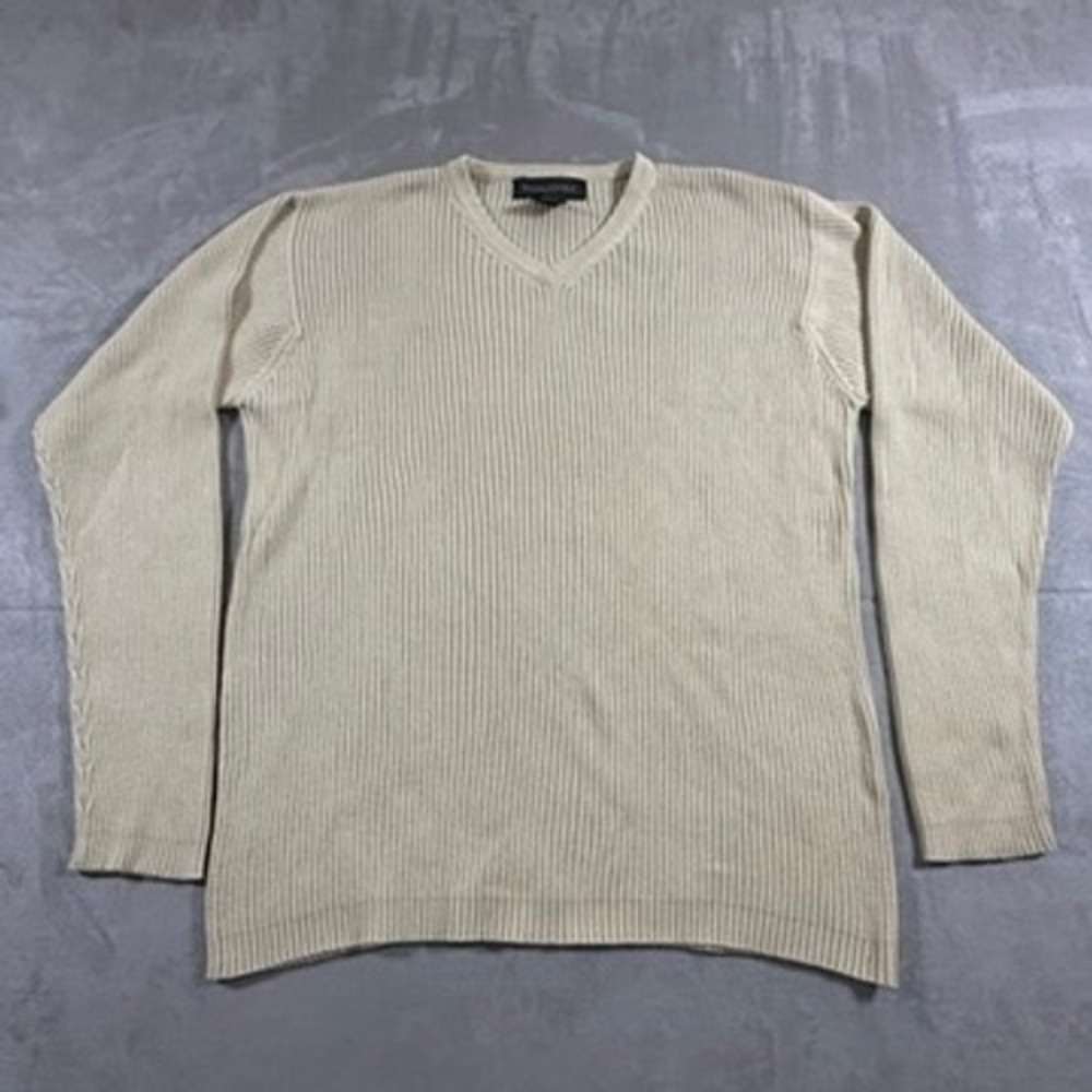 Banana Republic V-Neck Sweater Mens Ribbed Knit 100% Cotton Large Beige